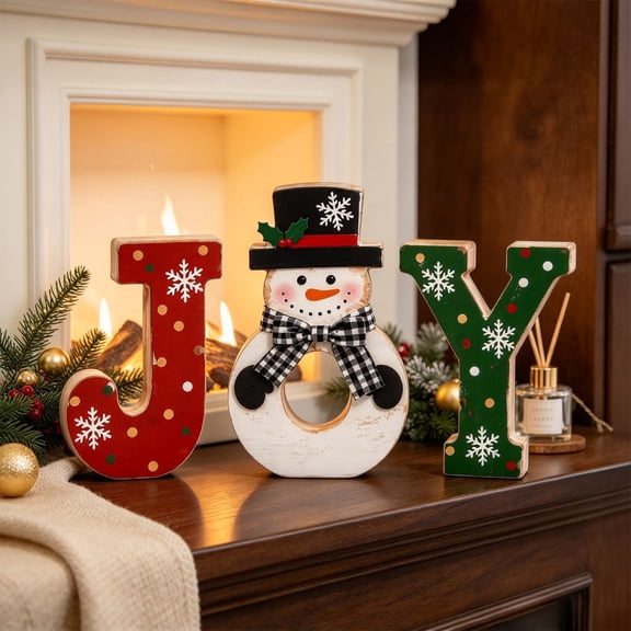 Cififendec 3Pcs Christmas Wooden JOY Letter Snowman Tabletop Sign, Freestanding Distressed Wood Sign for Fireplace Mantel and Side Table Arranging
