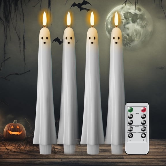 Cififendec 4Pcs Halloween Ghost LED Taper Candles, 10.63", Remote Control Flickering Flameless Ghost Candlesticks for Mantel Window Dinner Table Party Holiday Decor