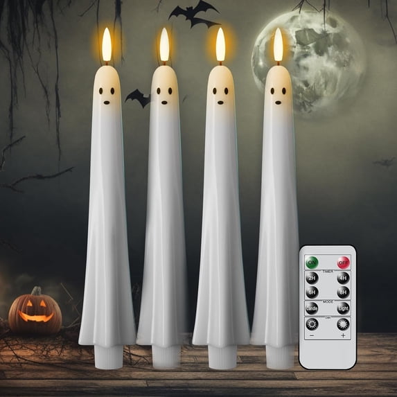 Cififendec 4Pcs Halloween Ghost LED Taper Candles, 10.63", Remote Control Flickering Flameless Ghost Candlesticks for Mantel Window Dinner Table Party Holiday Decor
