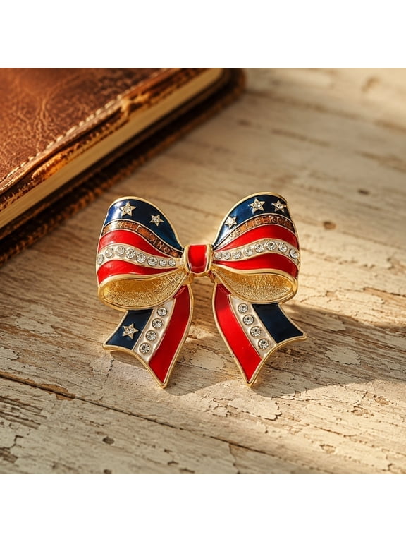 4th of July Bow Brooch, 2", Patriotic Rhinestone Inlaid Red White Blue Enamel Pin for Daily Clothing Lapel & Independence Day Party Outfit Accessory