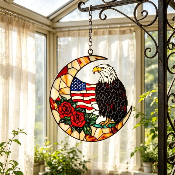 Cififendec 4th of July Eagle Hanging Decor, 6.3"×5.5", Patriotic American Flag Stained Acrylic Window Pendant for Doorway Ornaments & Independence Day Gift Ideas