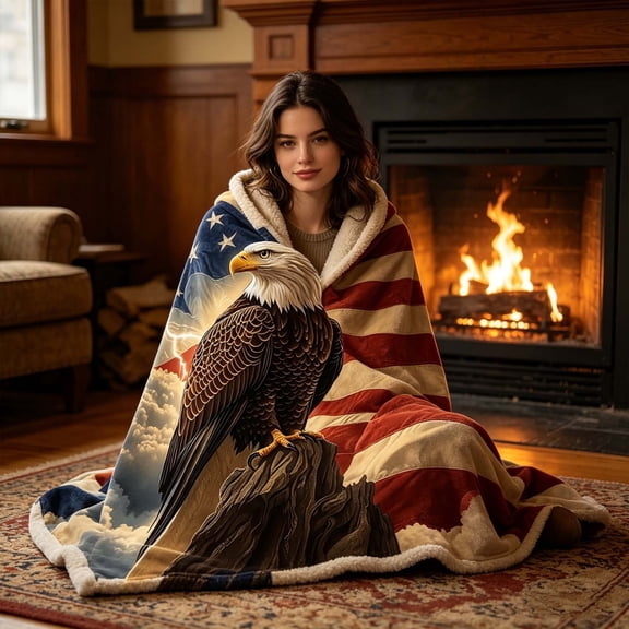 Cififendec 4th of July Eagle Throw Blanket, 39.4"×27.6", Patriotic American Ultra Soft Bald Eagle & Flag Blanket for Camping, Outdoor Lounging & Holiday Decor