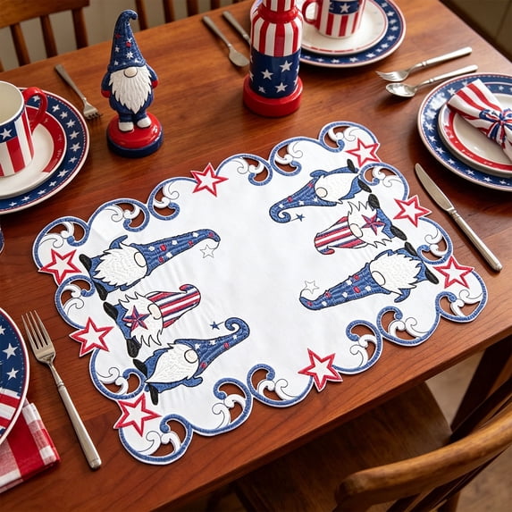 Cififendec 4th of July Embroidered Placemat, 17.72"×11.81", Patriotic Hollow Butterfly Star Table Mat for Independence Day Dining Table and Home Decor