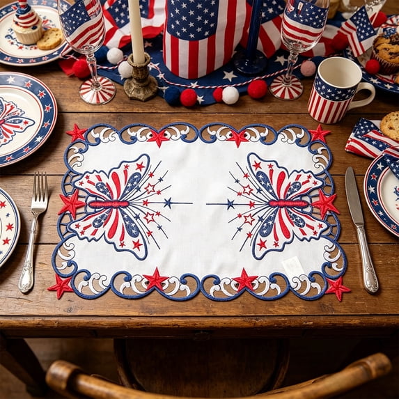 Cififendec 4th of July Embroidered Placemat, 17.72"×11.81", Patriotic Hollow Butterfly Star Table Mat for Independence Day Dining Table and Home Decor