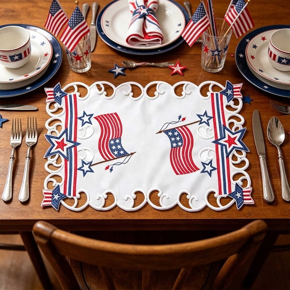 Cififendec 4th of July Embroidered Placemat, 17.72"×11.81", Patriotic Hollow Butterfly Star Table Mat for Independence Day Dining Table and Home Decor