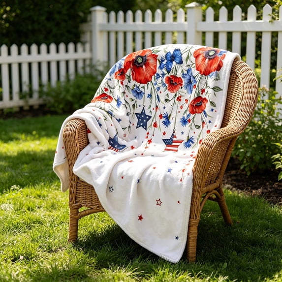 Cififendec 4th of July Floral Star Throw Blanket, 39.4"×27.6", Patriotic Ultra Soft Poppy Print Blanket for Farmhouse Couch, Reading Nook & Independence Day Decor