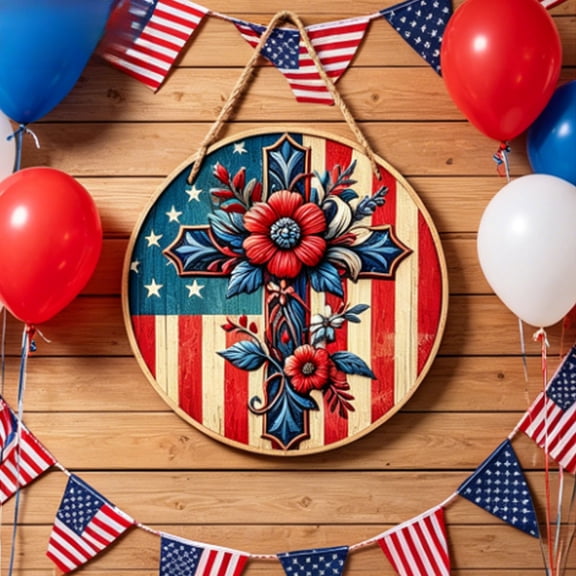 Cififendec 4th of July Floral Wall Sign, 11.81", Patriotic American Flag Wooden Door Sign, Holiday Must-Have for Front Door Decor & Independence Day Home Party Decoration