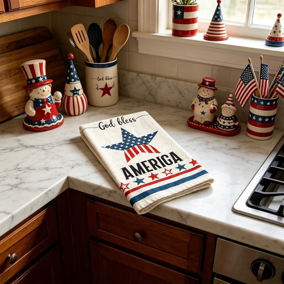 Cififendec 4th of July Kitchen Towel, 23.62"×15.75", Patriotic Gnomes & Truck Print Dish Cloths for 250th Anniversary, Memorial Day Home Cleaning & Holiday Decor