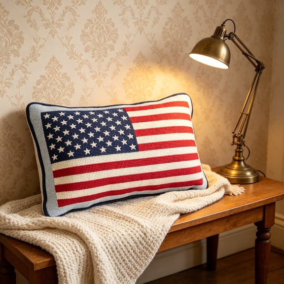 Cififendec 4th of July Needlepoint Throw Pillow, 15"9", Patriotic Knitted Rectangular American Flag Cushion for Independence Day Sofa, Couch and Home Decor