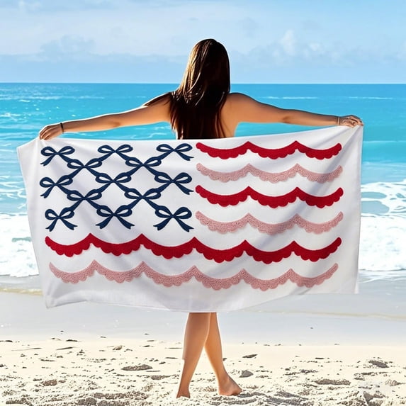 Cififendec 4th of July Oversize Beach Towel, 55.1"×27.6", Red White Blue Patriotic Microfiber Towel, Quick-Dry Lightweight for Independence Day Beach and Pool Use