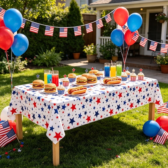 Cififendec 4th of July Patriotic Tablecloth, 108"×54", Stars & Stripes Washable Reusable Table Cover, Holiday Must-Have for Large Family Gatherings,White