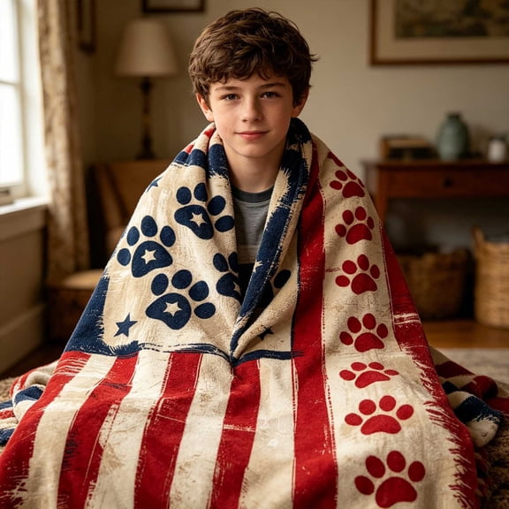 Cififendec 4th of July Paw Print Throw Blanket, 39.4"×27.6", Patriotic Soft Light Pet Lover Decor Rug for Sofa Leisure Snuggle & Pet Bed Indoor Rest Holiday Present