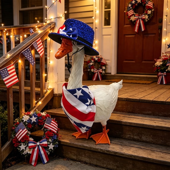 Cififendec 4th of July Porch Goose Outfit Fits 23" Figure, Patriotic Red Blue and White Star-Stripe Independence Day Costume for Outdoor Patio Yard Goose Sculpture Decoration
