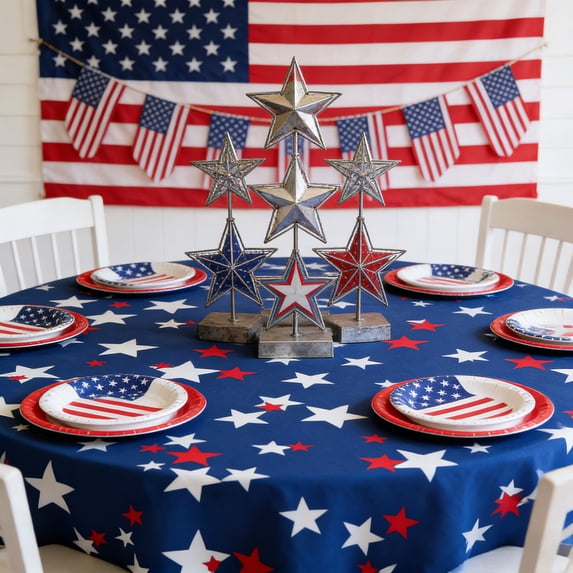 Cififendec 4th of July Round Tablecloth, Patriotic Red White Blue Stars Table Cloth, Washable Polyester Memorial Day Table Cover for Independence Day(Blue)