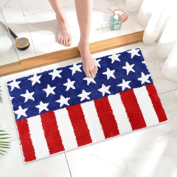Cififendec 4th of July Thickened Shower Mat, Patriotic Bathroom Rug with Inspired Floral Patterns, Red Blue White Star-Stripe Bath Mat for 250th Anniversary Decor