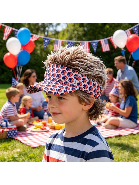 4th of July Wig Visor Hat, 8.66"×4.72", Patriotic US Flag Print Fake Hair Sun Cap for Independence Day Party, Costume, Outdoor Parade & Festive(Coffee)