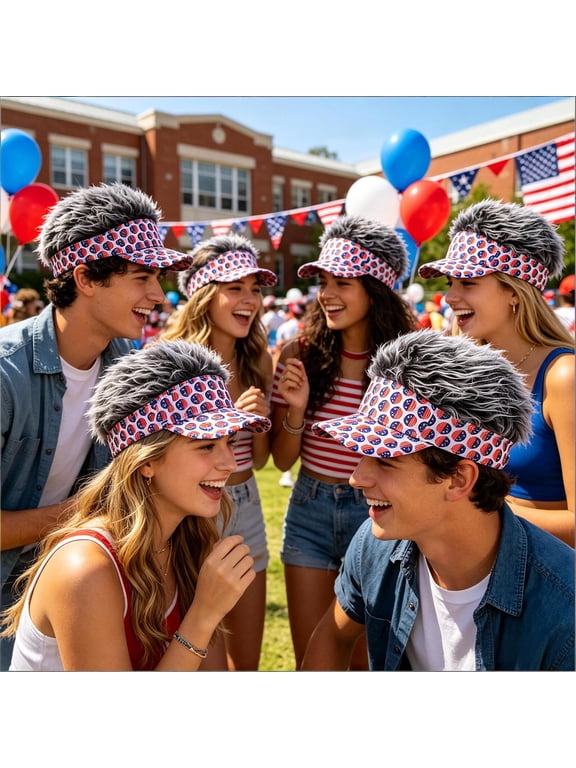4th of July Wig Visor Hat, 8.66"×4.72", Patriotic US Flag Print Fake Hair Sun Cap for Independence Day Party, Costume, Outdoor Parade & Festive(Gray)