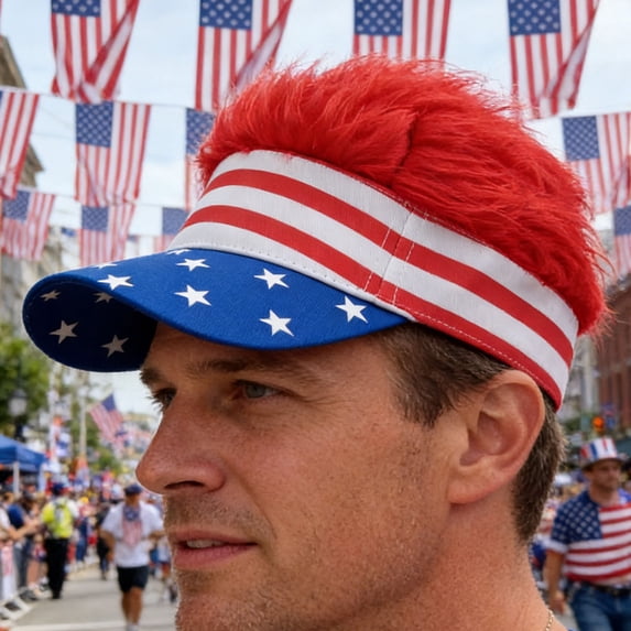 Cififendec 4th of July Men's Visor with Fake Hair, Patriotic Star-striped Flag Baseball Cap, Exquisite Independence Day Decoration for Party, Outdoor