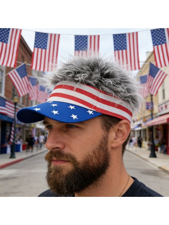 4th of July Men's Visor with Fake Hair, Patriotic Star-striped Flag Baseball Cap, Exquisite Independence Day Decoration for Party, Outdoor