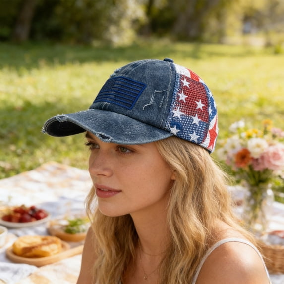 Cififendec 4th of July Ponytail Hat, Americans Flag Embroidered Distressed Adjustable Mesh Back Caps for Independence Day Decor(Blue)