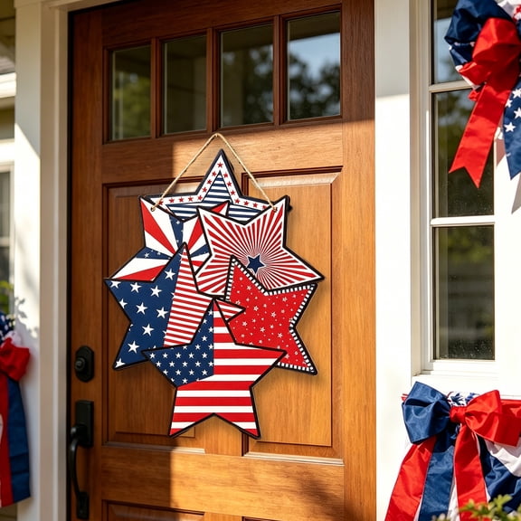 Cififendec 4th of July Star Door Sign, 11"×8.5", Patriotic Star & Stripes Front Door Plaque, Red White Blue Wall Ornament for 250th Anniversary