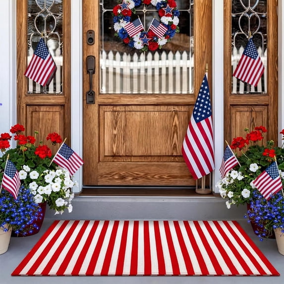 Cififendec 4th of July Striped Bath Mat, 19.7"x31.5", Patriotic Non-Slip Red White Blue Rug for Bathroom, Kitchen, Entryway and Home Decor