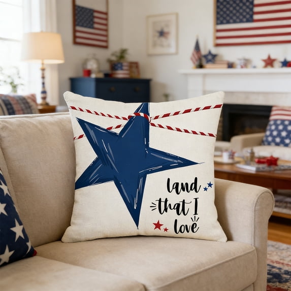 Cififendec 4th of July Throw Pillow Cover, 17.72", Patriotic Embroidered American Flag Cushion Case for Sofa, Couch and Living Room Decor