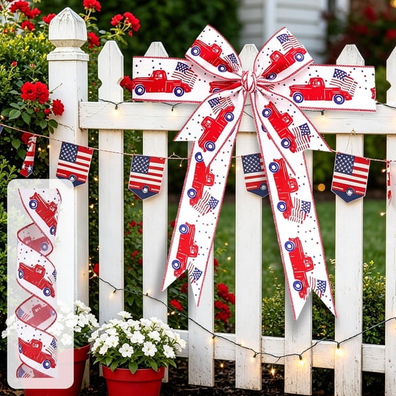 Cififendec 4th of July Wired Ribbon, 118.11", Patriotic American Flag Red Truck Printed Fabric Ribbon for Wreaths, Bows, Gift Wrapping