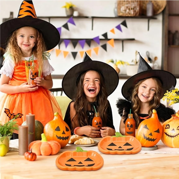 Cififendec 50Pcs Halloween Pumpkin Disposable Paper Plates, 7", Dinner Plates for Holiday Party Table Setting Decor, Food Serving