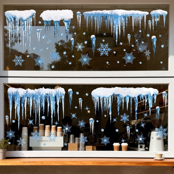 Cififendec 8Pcs Christmas Static Window Cling Decal, Icicle and Snowflake Winter Pattern Glass Sticker for Window Top Edge Scene Setting
