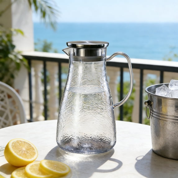 Cififendec Acrylic Wavy Pattern Pitcher, Heat-Resistant, Transparent Cool Drink Pitcher with Stainless Steel Lid and Handle for Cold/Hot Beverages(Clear-L)