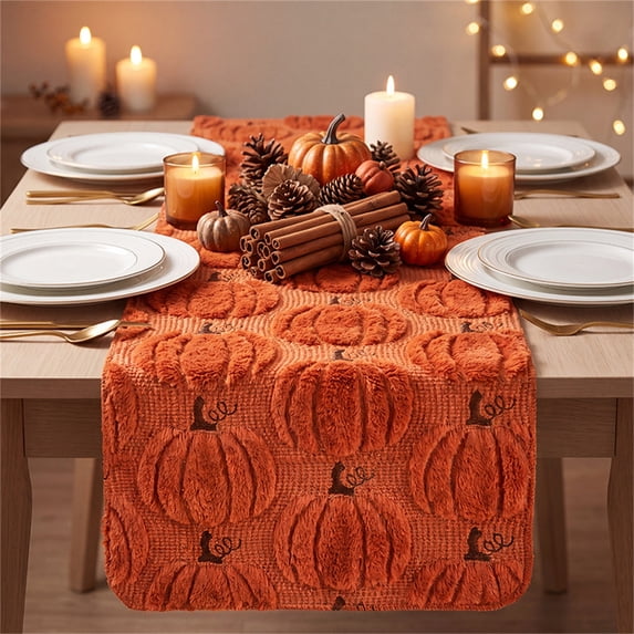 Cififendec Autumn Pumpkin Embroidered Plush Table Runner, 92"×13", 3D Textured Decorative Table Runner for Farmhouse Dining Table Harvest Gathering