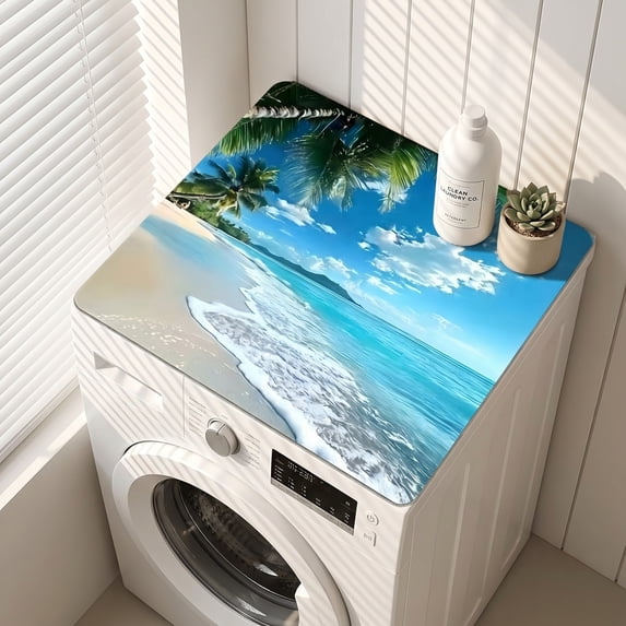 Cififendec Beach Washer Dryer Top Cover, 27.6", Ocean Themed Non-Slip Rubber Backing Waterproof Dust-Proof Refrigerator Washing Machine Protector Mat for Summer Laundry Room Decor