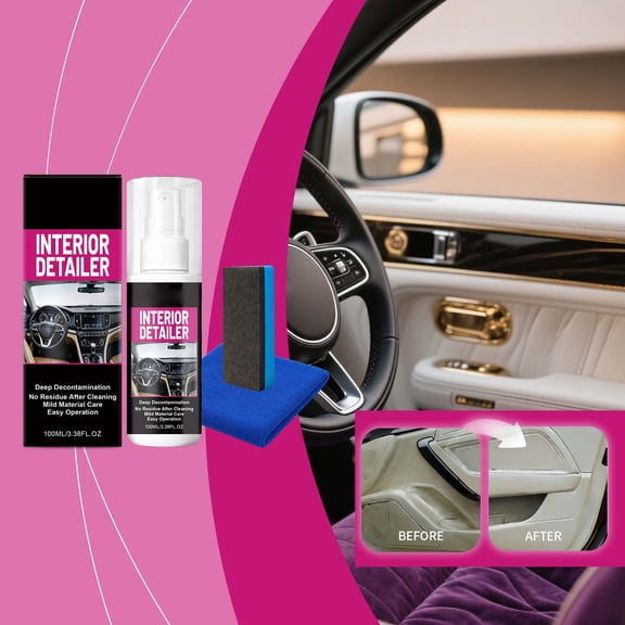 Cififendec Car Interior Detailer Kit with Sponge & Towel, 100ML, Multi-Surface Deep Cleaner Spray for Leather, Plastic & Fabric, Residue-Free Formula