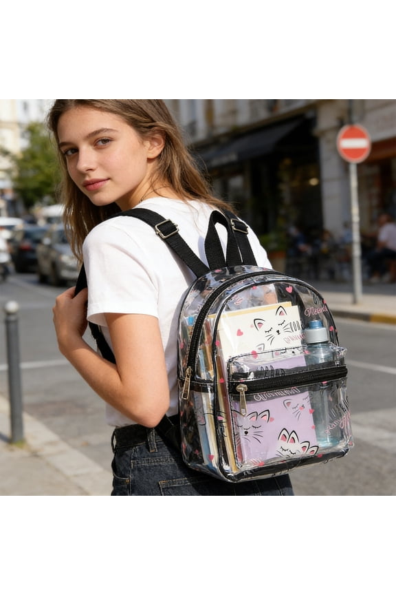 Cat Print Clear Backpack, 9.25"×6.69", Waterproof & See-Through Bag with Adjustable Straps, Cute Transparent Backpack for School, Events & Daily Use