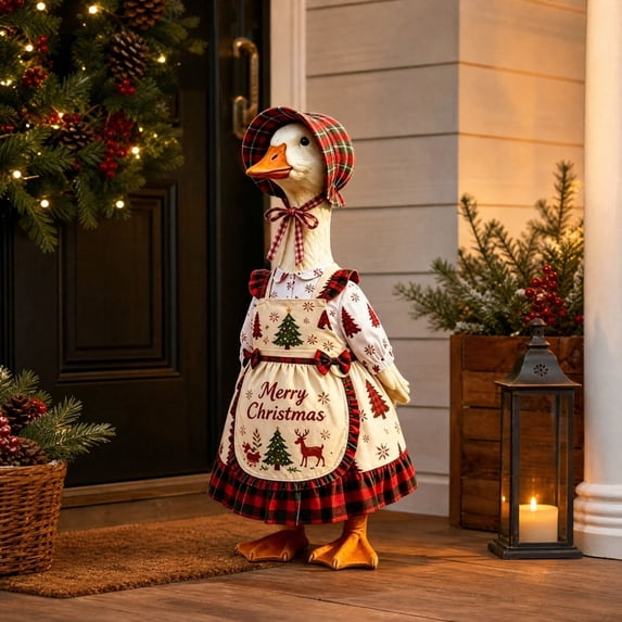 Cififendec Christmas 23" Porch Goose Costume Set, Plaid Apron Style Dress with Printed Christmas Motif for Front Yard Goose Figurine Outfitting