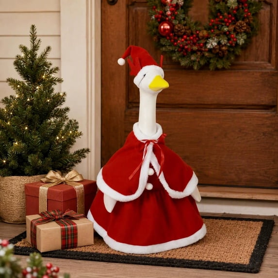 Cififendec Christmas 23" Porch Goose Costume Set, Red Plush Santa Cape Skirt with Antler Hat Costume for Courtyard Goose Statue Dressing
