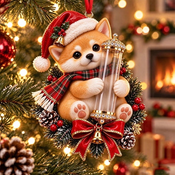 Cififendec Christmas 2D Acrylic Money Clip Ornament, Cute Animal Wreath Pendant with Santa Hat Plaid Scarf for Christmas Tree Cash Gift Display, 5.7"