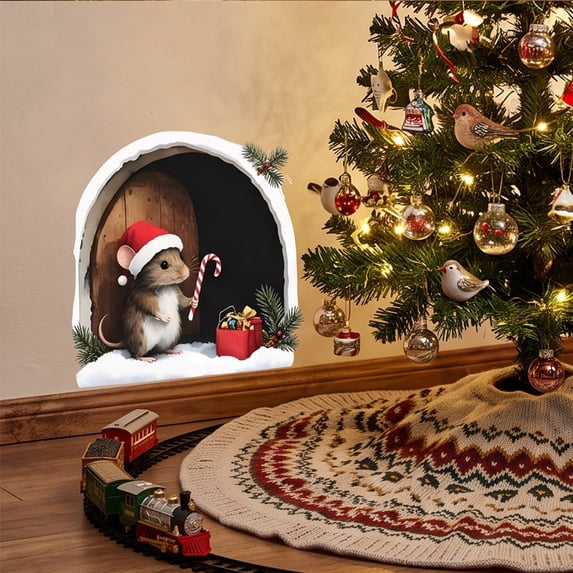 Cififendec Christmas 2D Mouse No Glue Wall Stickers, 5.91", Arch Shaped Cute Holiday Mouse Decal for Xmas Fireplace Surround Applying