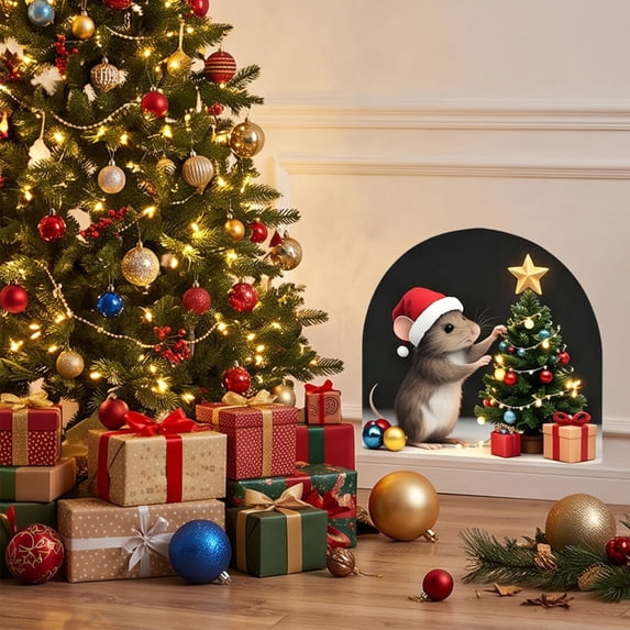 Cififendec Christmas 2D Mouse No Glue Wall Stickers, 5.91", Arch Shaped Cute Holiday Mouse Decal for Xmas Fireplace Surround Applying