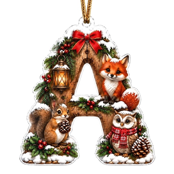 Cififendec Christmas Alphabet Acrylic Hanging Ornament, 3.1", Woodland Animal Printed Flat Pendant with Golden Cord for Xmas Tree Hanging Display