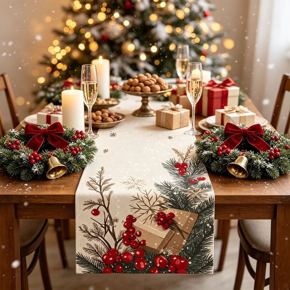 Cififendec Christmas Buffalo Plaid Table Runner, 72"×13", Xmas Poinsettia Pine Cone Printed Decorative Table Runner for Dining Table Kitchen Party