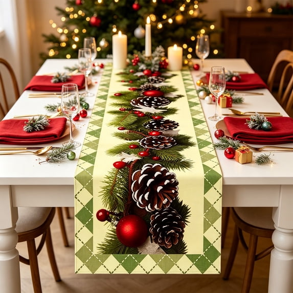Cififendec Christmas Buffalo Plaid Table Runner, 72"×13", Xmas Poinsettia Pine Cone Printed Decorative Table Runner for Dining Table Kitchen Party