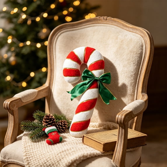 Cififendec Christmas Candy Cane Shaped Throw Pillow, 15.75", Striped Plush Cushion with Green Bow for Xmas Sofa Fireplace Mantel Decor Layout