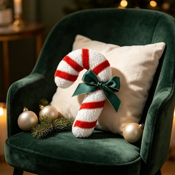 Cififendec Christmas Candy Cane Shaped Throw Pillow, 8.27", Striped Plush Cushion with Green Bow for Xmas Sofa Fireplace Mantel Decor Layout