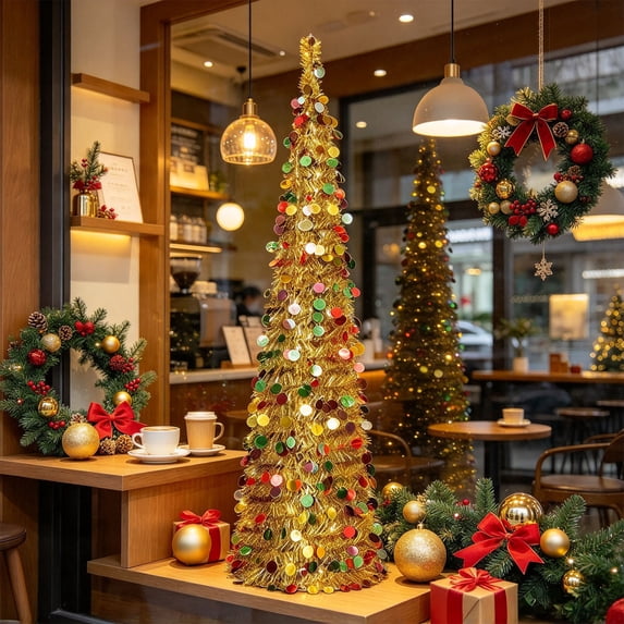 Cififendec Christmas Collapsible Tinsel Tree, Pop Up Shiny Sequin Cone ...