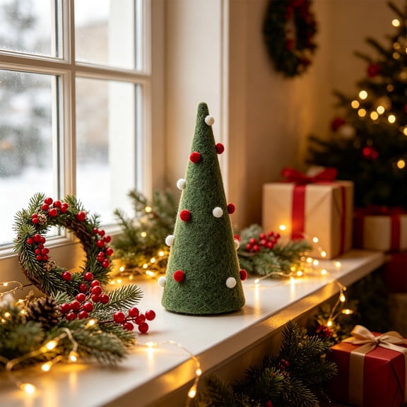 Cififendec Christmas Cone Tree Tabletop Decor, 12.2"×7.09", Felt Fabric Mini Tree Ornament Featuring with Pom Pom Accents for Sideboard Mantel Styling