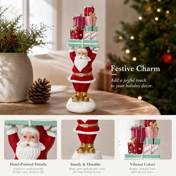 Cififendec Christmas Cute Santa Claus Figurine, 9.84"2.76", Hand Painted Resin Statue Holding Stacked Gift Boxes for Tabletop Mantel Display