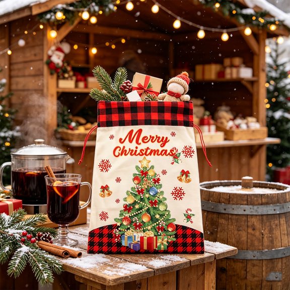 Cififendec Christmas Drawstring Gift Sack, 22"×14.57", Large Storage Bag with Double Drawstrings for Xmas Present Wrapping Fireplace Stocking Holiday Party Gift Decor