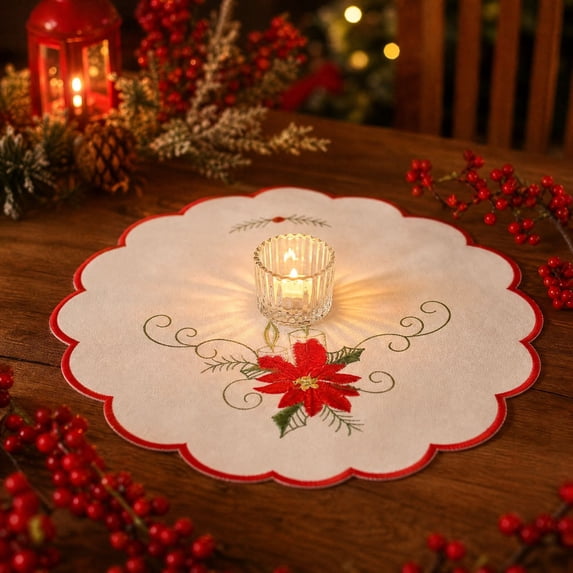 Cififendec Christmas Embroidered Placemat, 11.81", Christmas Scalloped Edge Table Mat for Candle Centerpiece Arranging and Tabletop Decoration